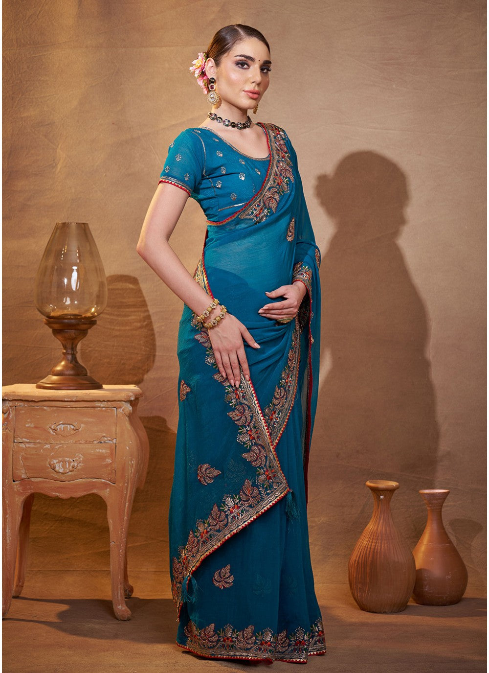 Embroidered Chiffon Teal Saree S14476