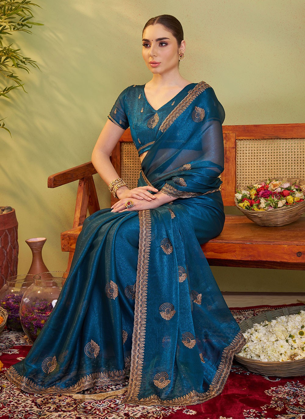 Embroidered Chiffon Teal Saree S14405