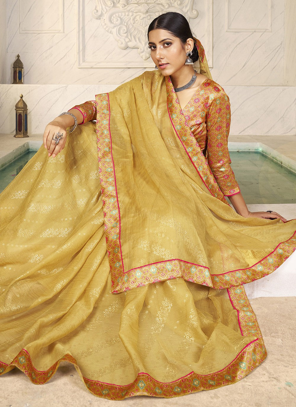 Foliage Prints Chiffon Yellow Trendy Saree S15270