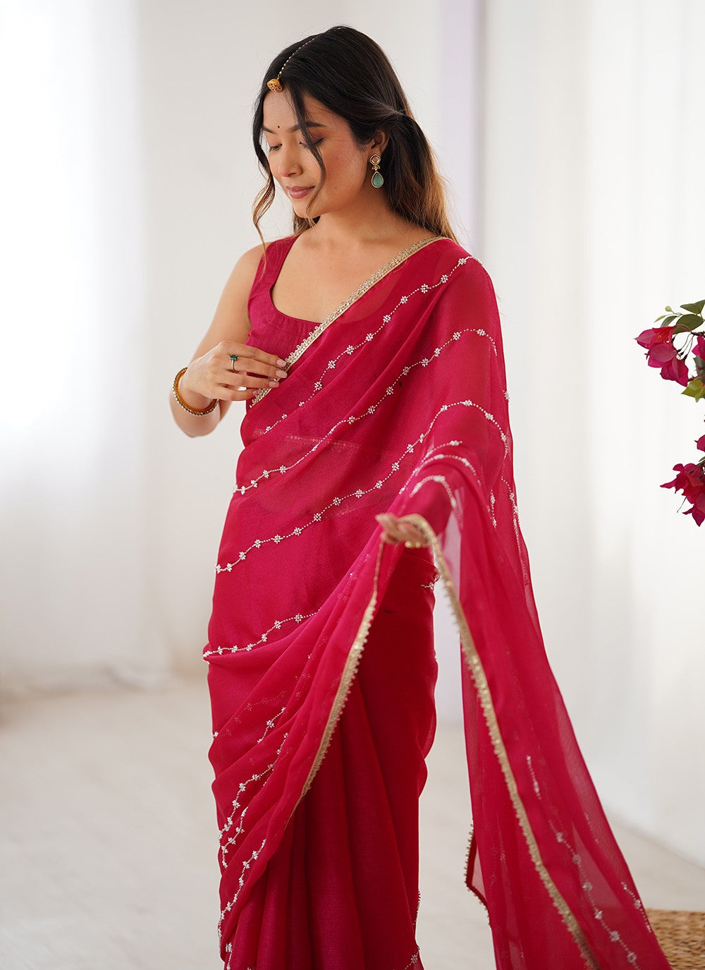 Hot Pink Chiffon Designer Saree Beads, Lace, Moti S16282