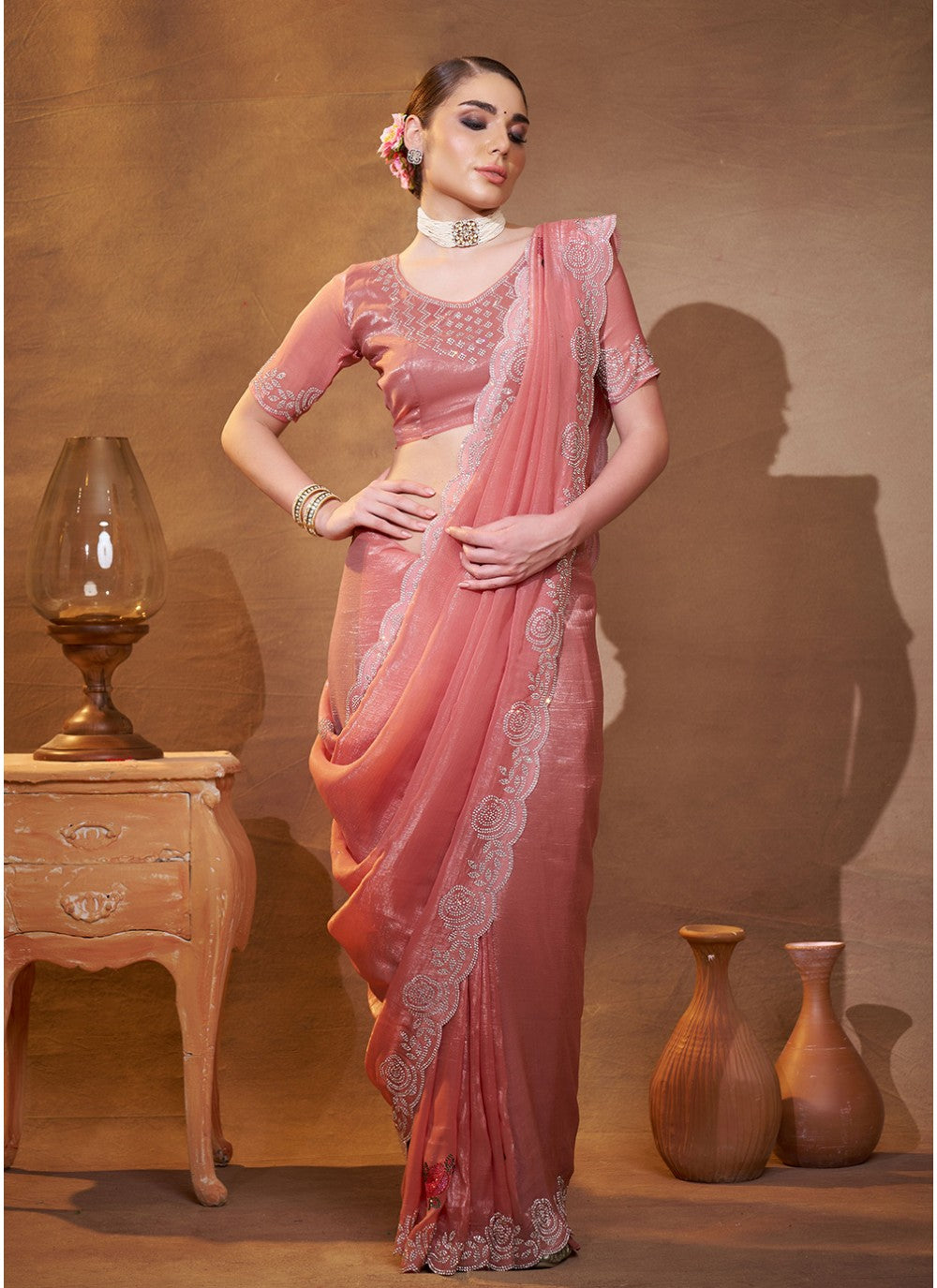 Embroidered Chiffon Peach Saree S14469