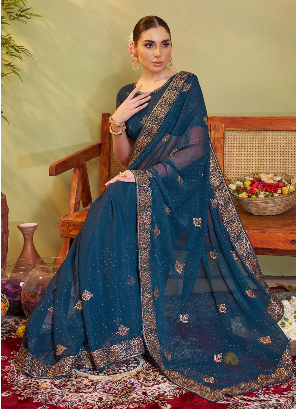 Embroidered Chiffon Teal Saree S14456