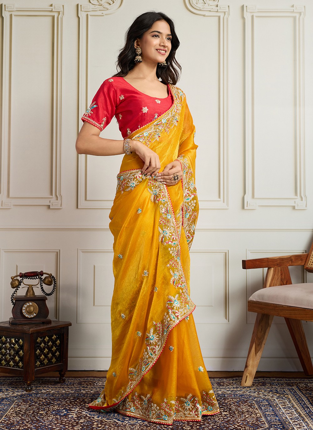 Yellow Chiffon Trendy Saree Embroidered S19117