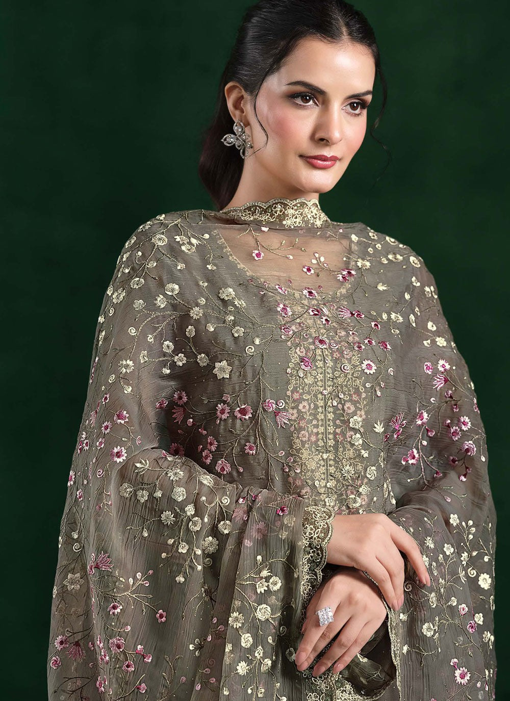 Pant Style Suit Cutdana, Embroidered, Zari Grey T7307
