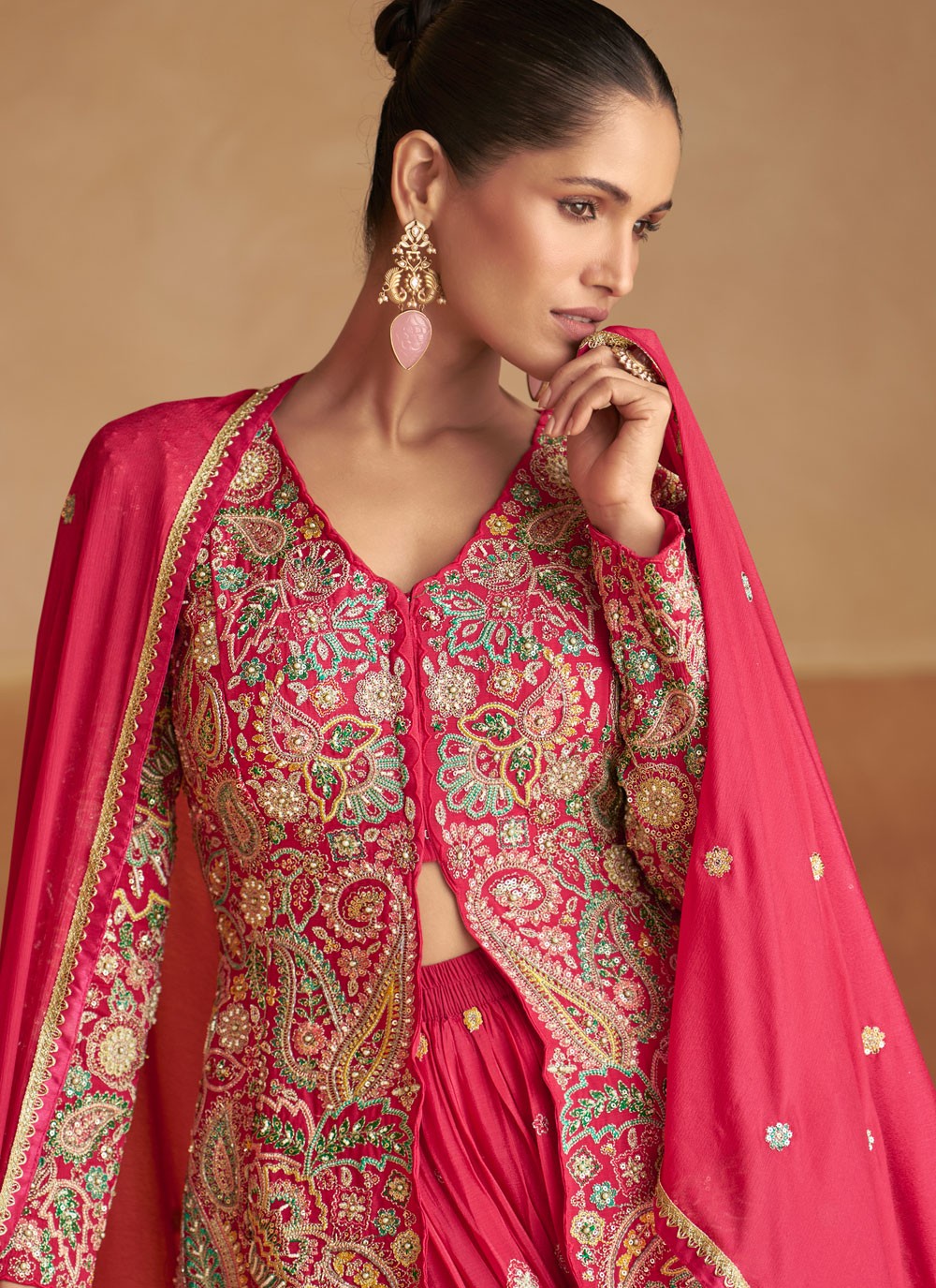 Palazzo Suit Beads, Embroidered, Fancy Work, Zari Hot Pink T8275