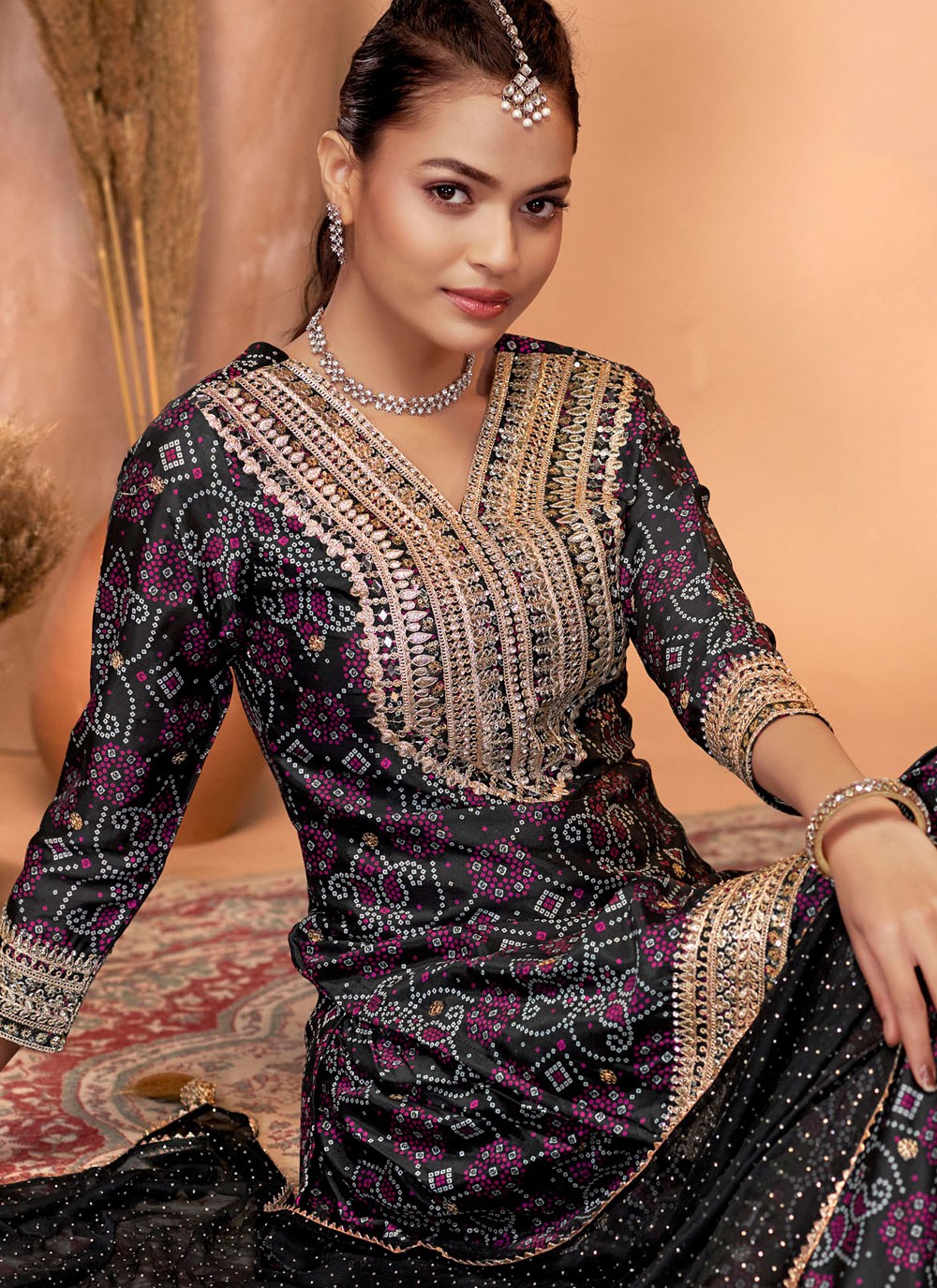 Digital Print Chinon Black Salwar Suit T5972