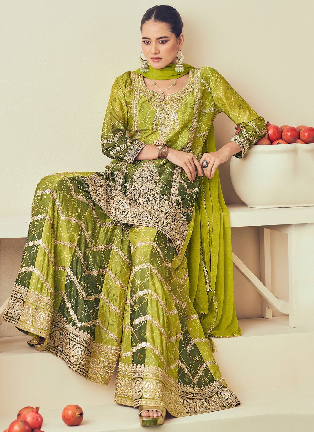 Palazzo Suit Embroidered Green Chinon T5307