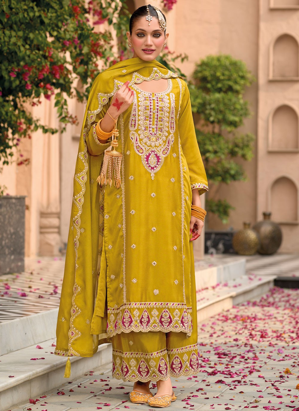 Salwar Suit Embroidered Green, Mustard Chinon T5389