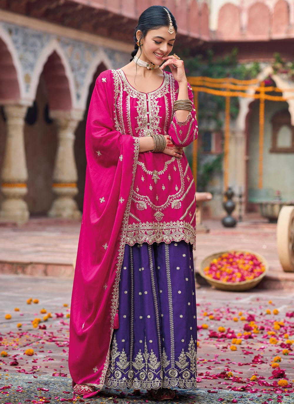 Salwar Suit Embroidered Hot Pink Chinon T5416