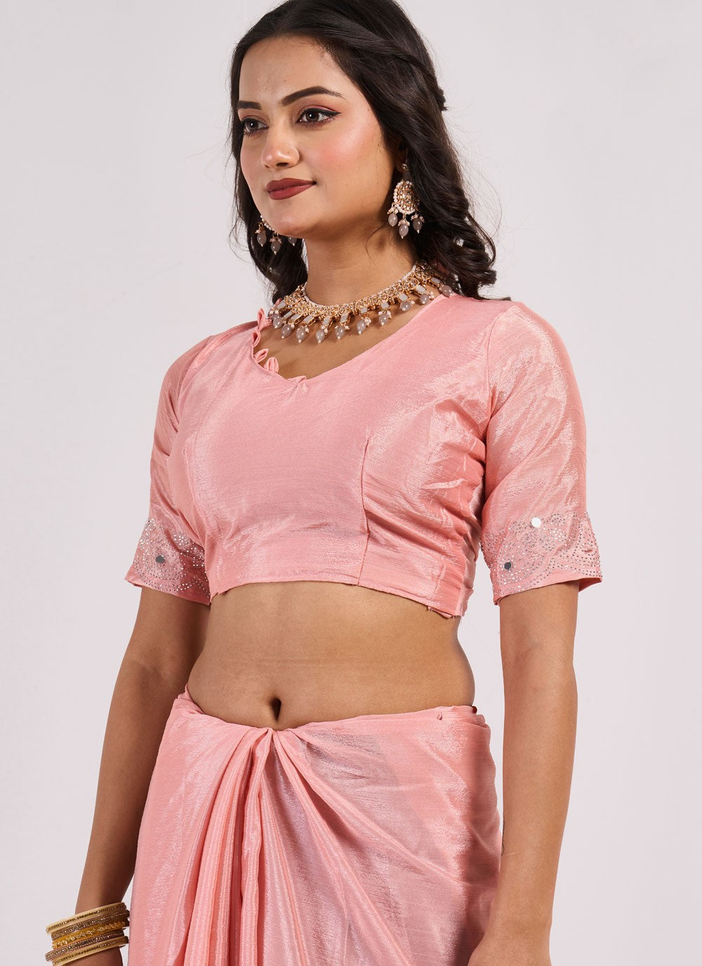 Designer Mirror Pink Chinon Saree S13063