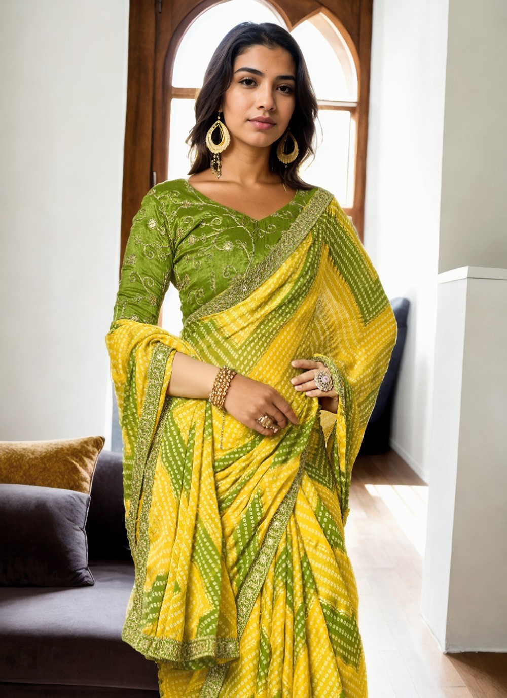 Contemporary Digital Print Yellow Chinon Saree S12649