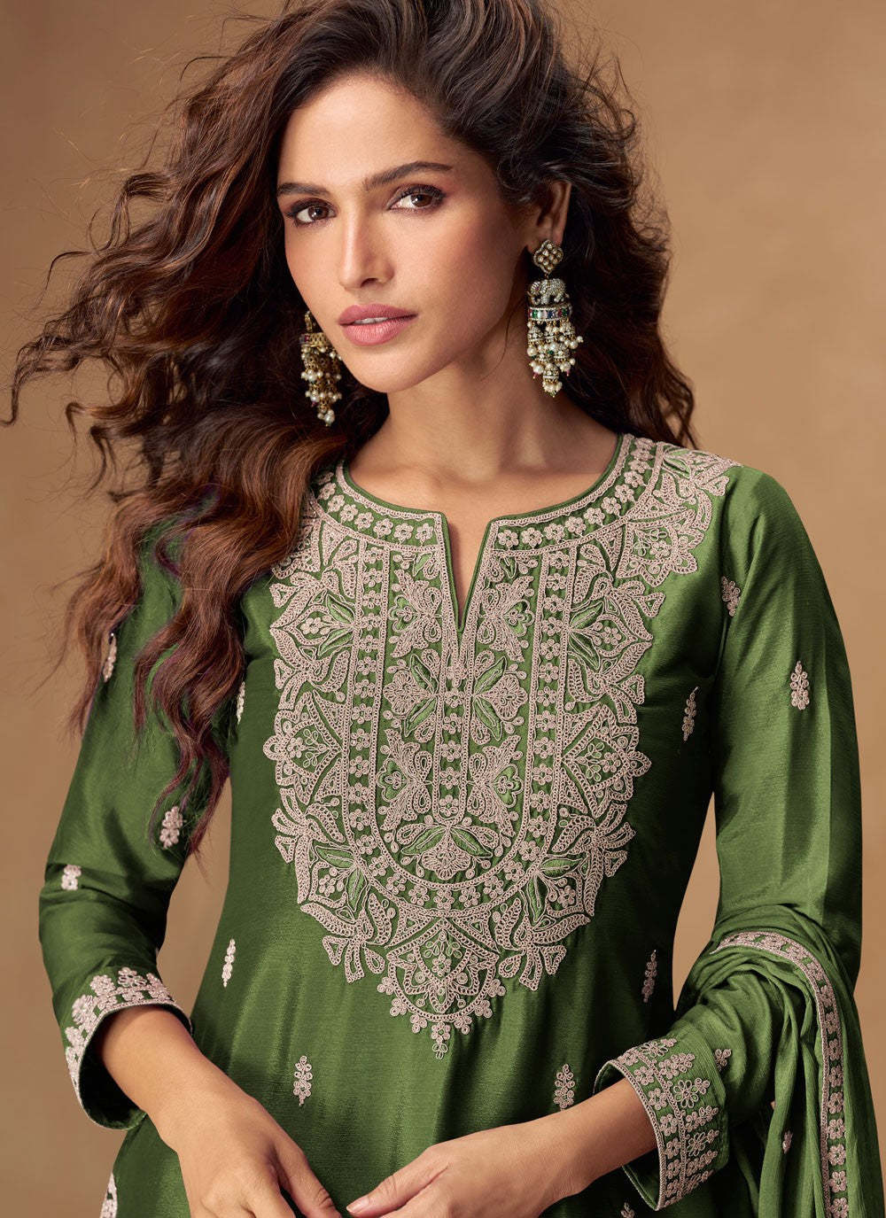 Palazzo Suit Embroidered Green T8542