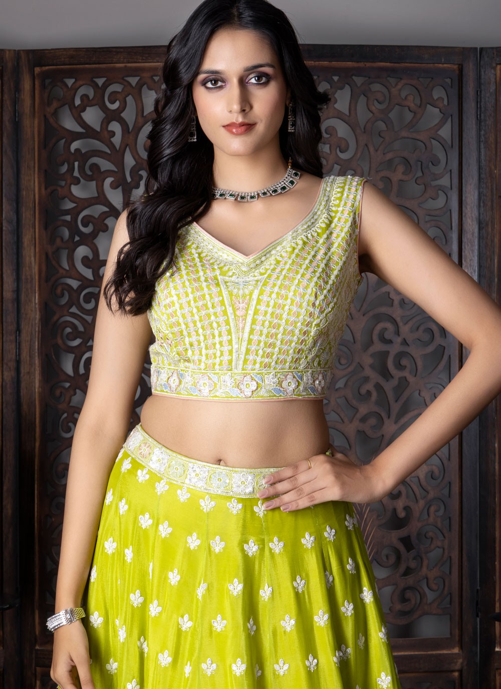 Embroidered Chinon Green Lehenga Choli L3720