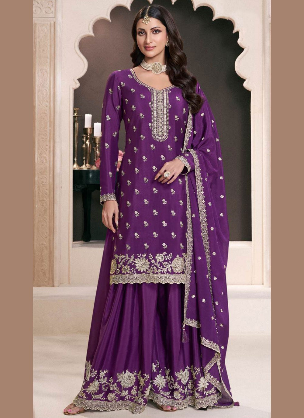 Salwar Suit Embroidered Purple Chinon T5417