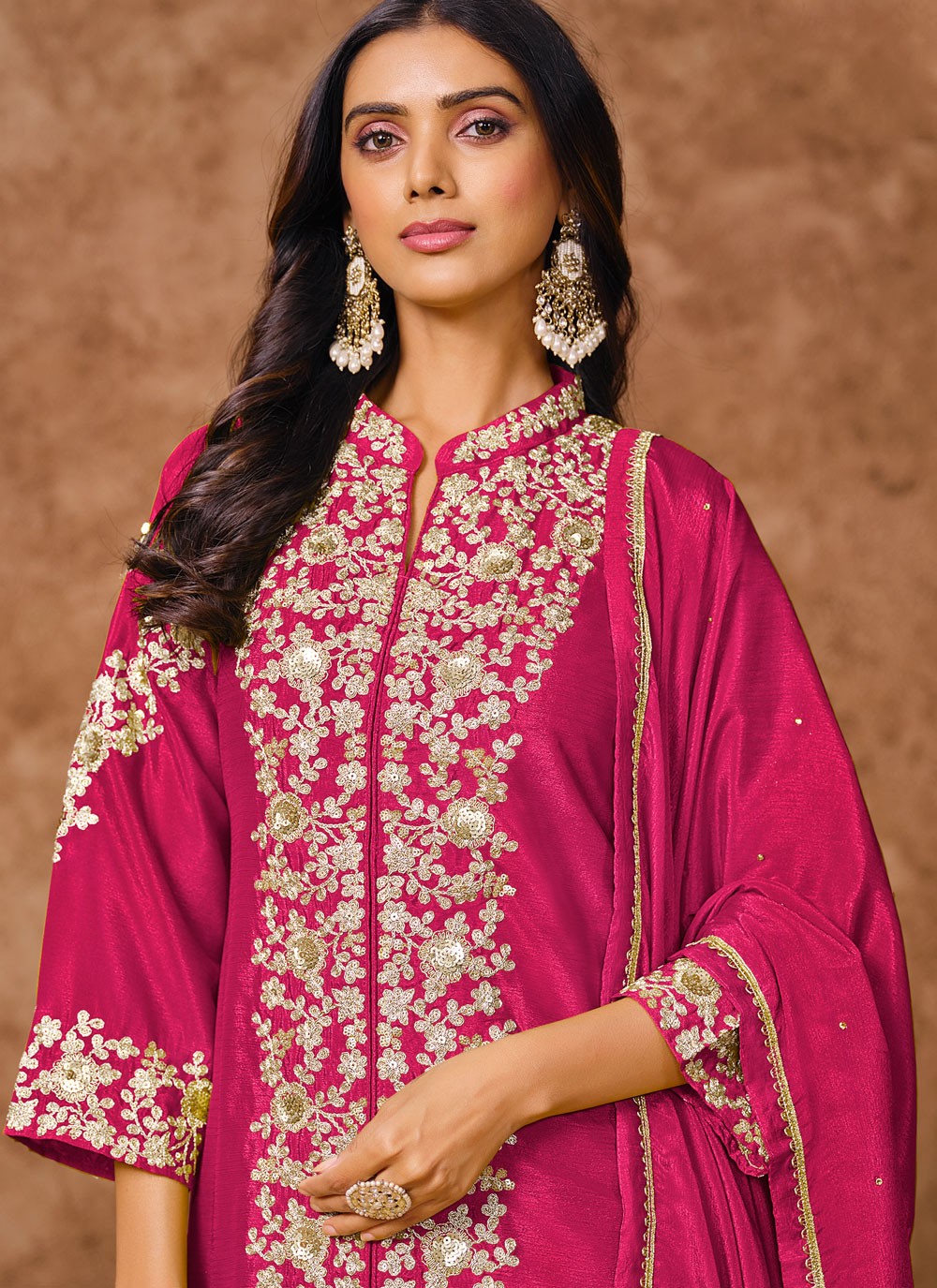Palazzo Suit Embroidered Hot Pink Chinon T5743