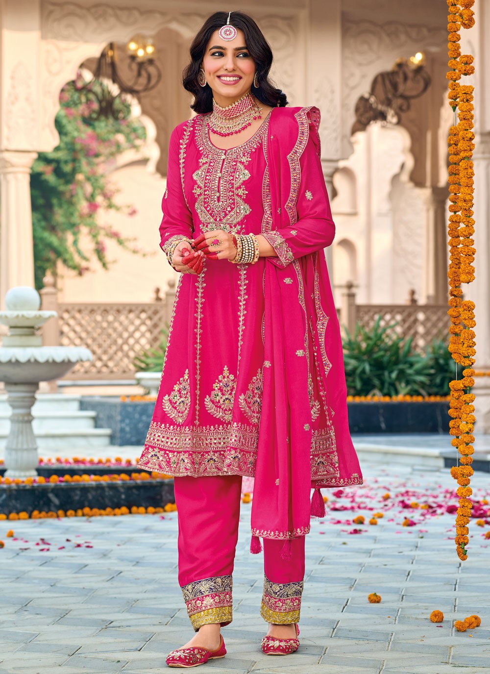 Pant Style Suit Embroidered, Sequins, Zari Hot Pink T7707