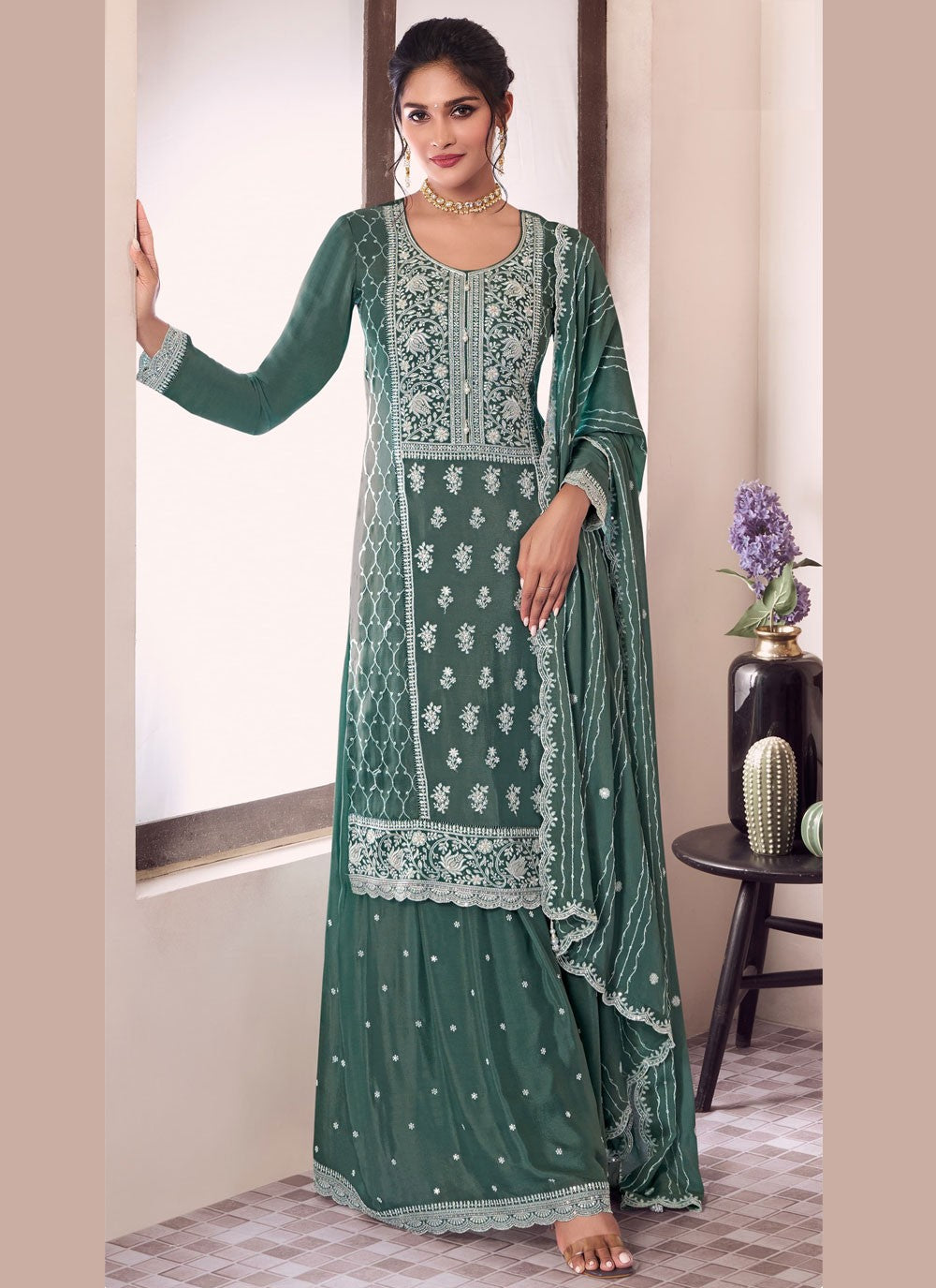 Sharara Suit Embroidered, Thread Teal T7059