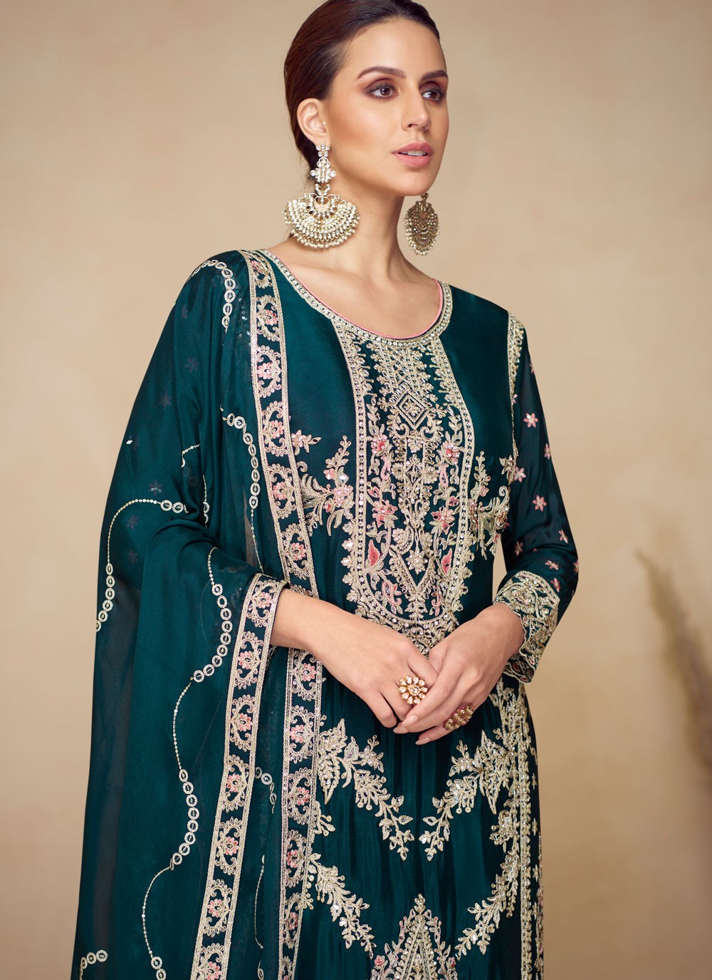 Palazzo Suit Embroidered Teal T8545