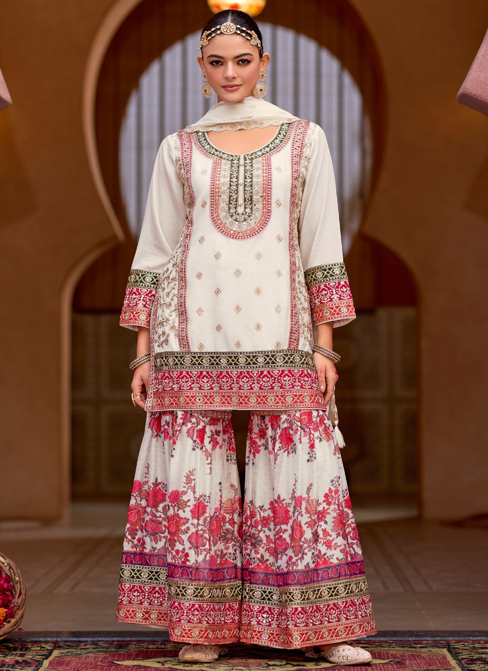 Sharara Suit Embroidered, Mirror, Zari White T7555