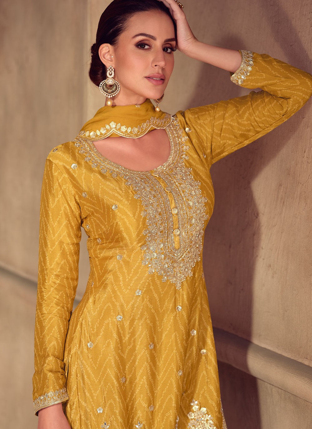 Palazzo Suit Embroidered, Printed, Sequins, Zari Yellow T7787