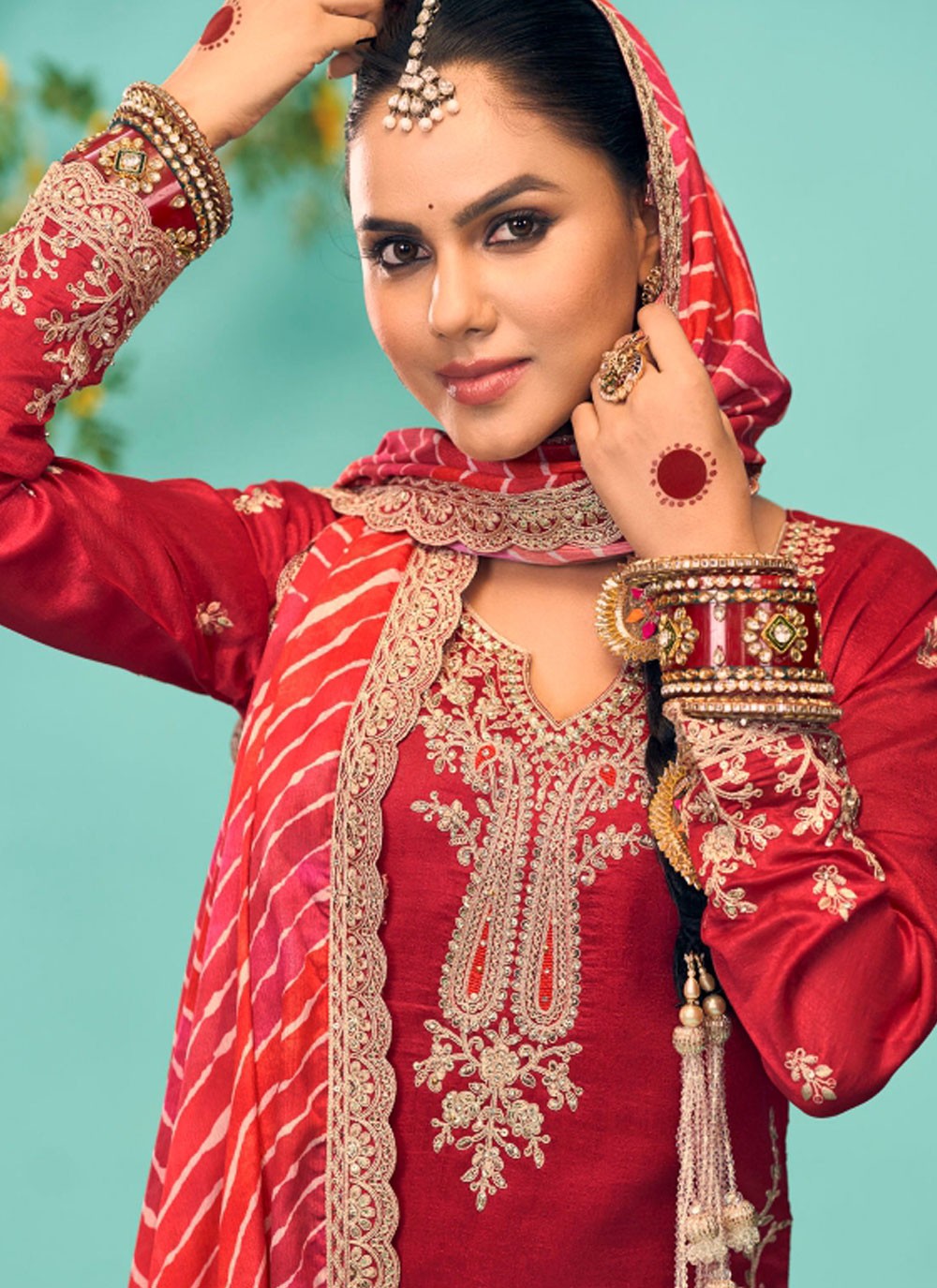 Salwar Suit Embroidered Red Chinon T5174