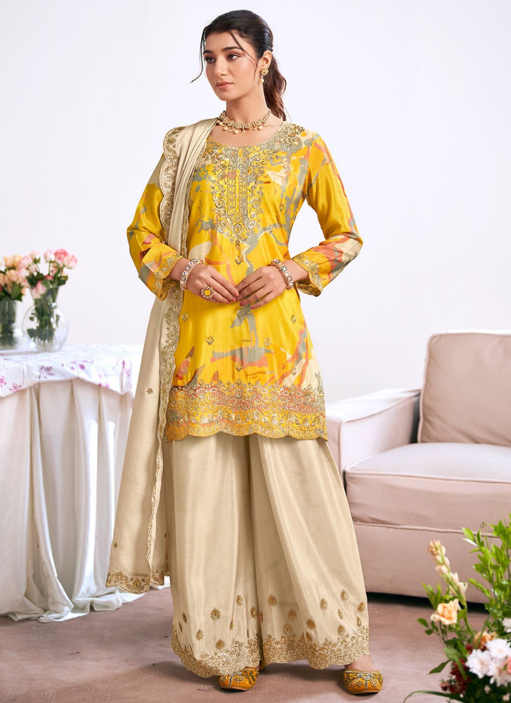 Palazzo Suit Embroidered, Printed, Sequins, Zari Yellow T8272