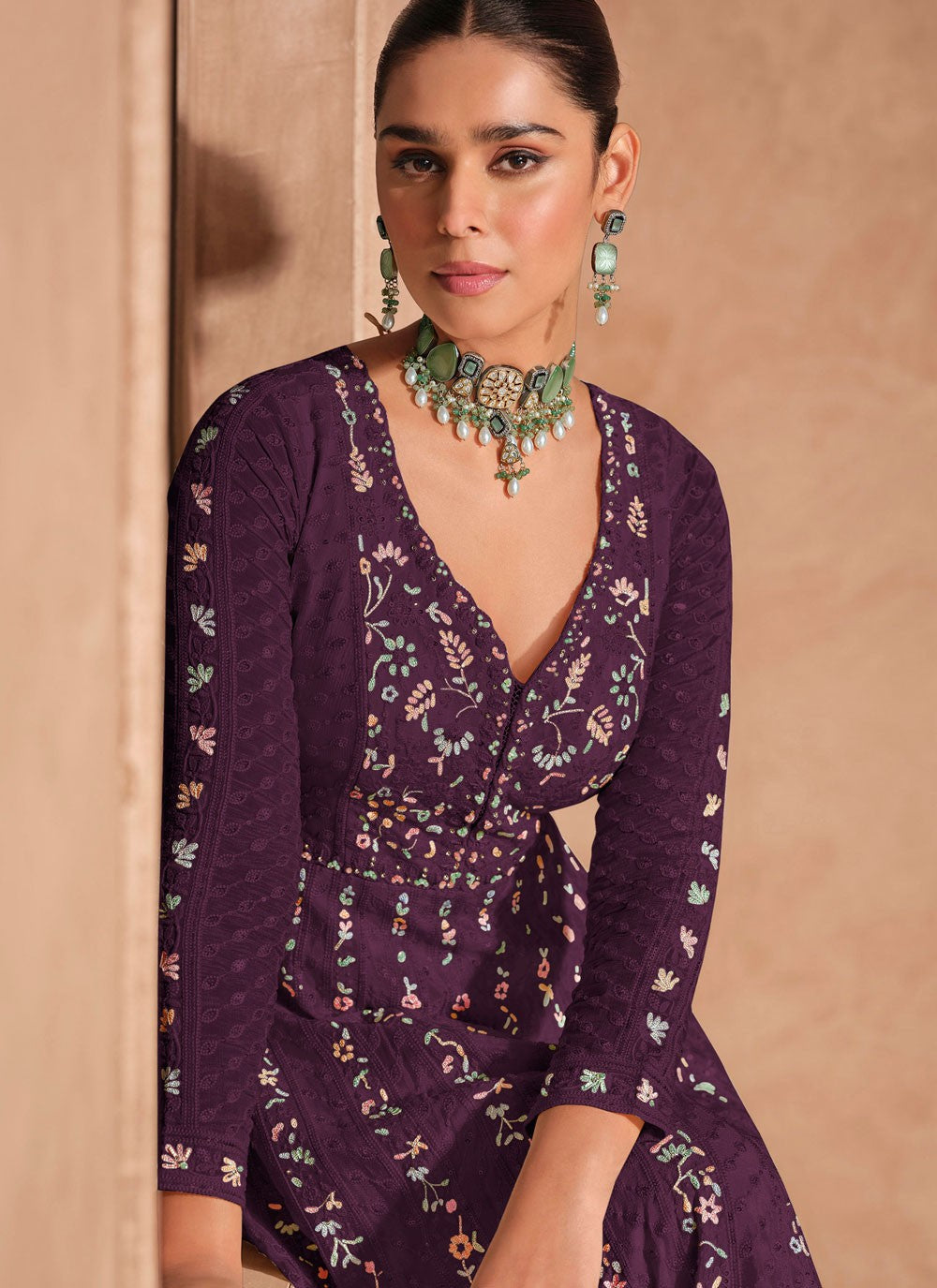 Embroidered Chinon Purple Gown G1976