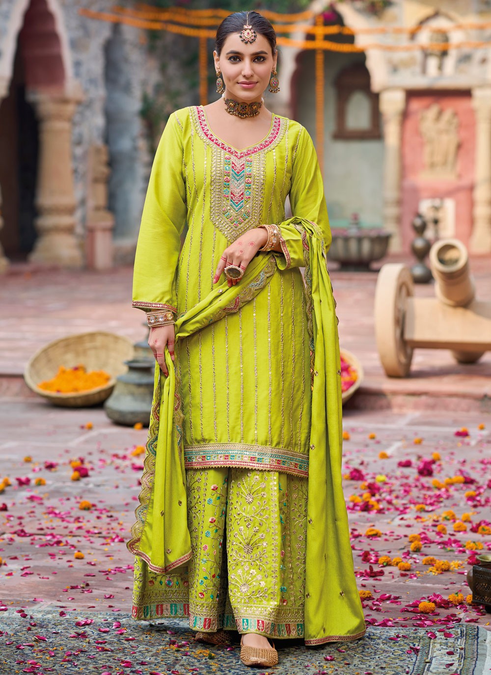 Salwar Suit Embroidered Green Chinon T5503