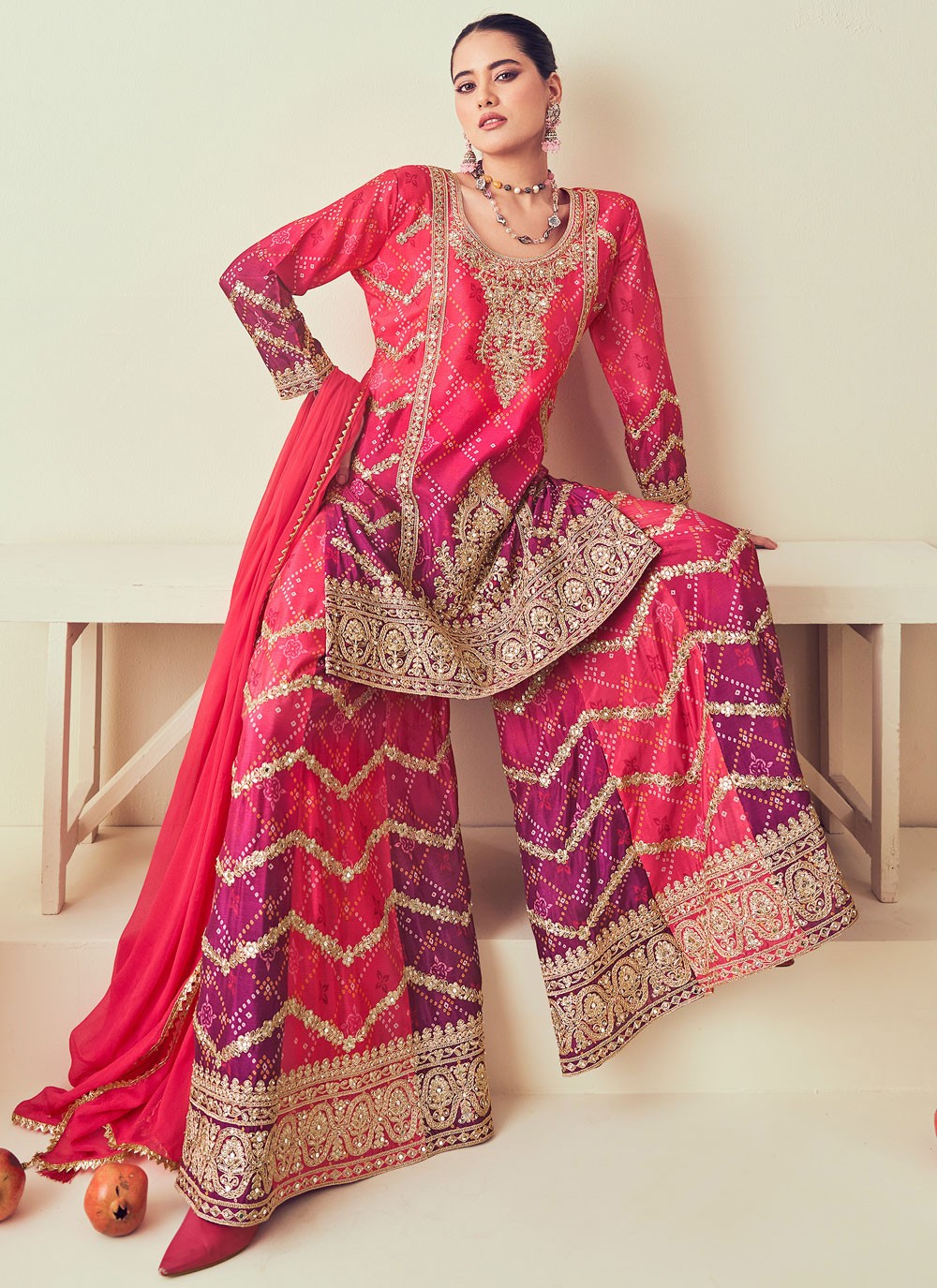 Palazzo Suit Embroidered Hot Pink Chinon T5308