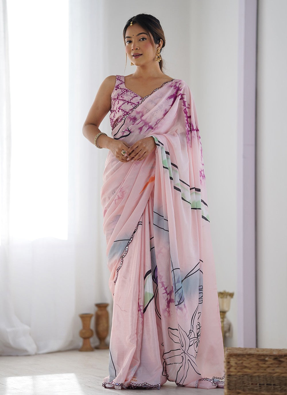 Classic Saree Digital Print Pink Chinon S12394