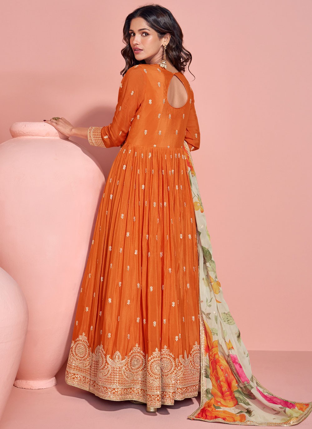 Embroidered Chinon Orange Gown G19779