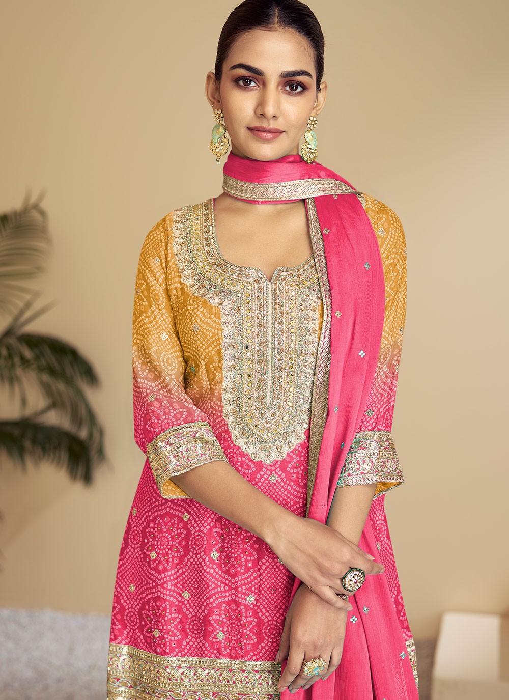 Palazzo Suit Embroidered, Printed, Sequins, Thread Pink T7646