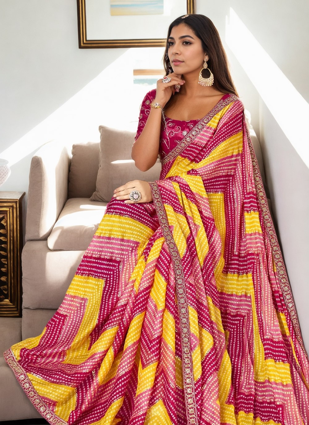 Classic Saree Digital Print Pink Chinon S12650