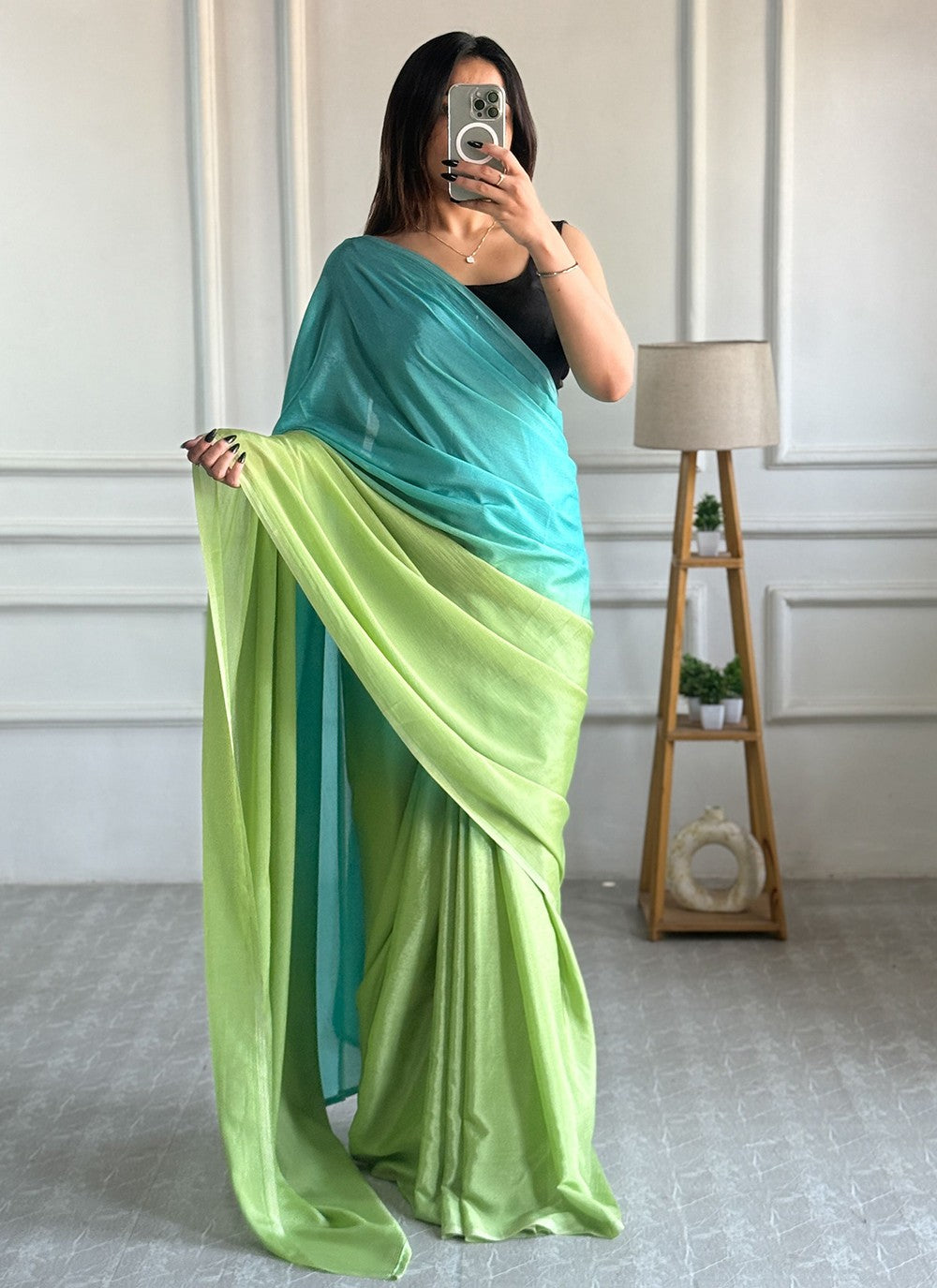 Aqua Blue Chinon Contemporary Saree Plain S16493