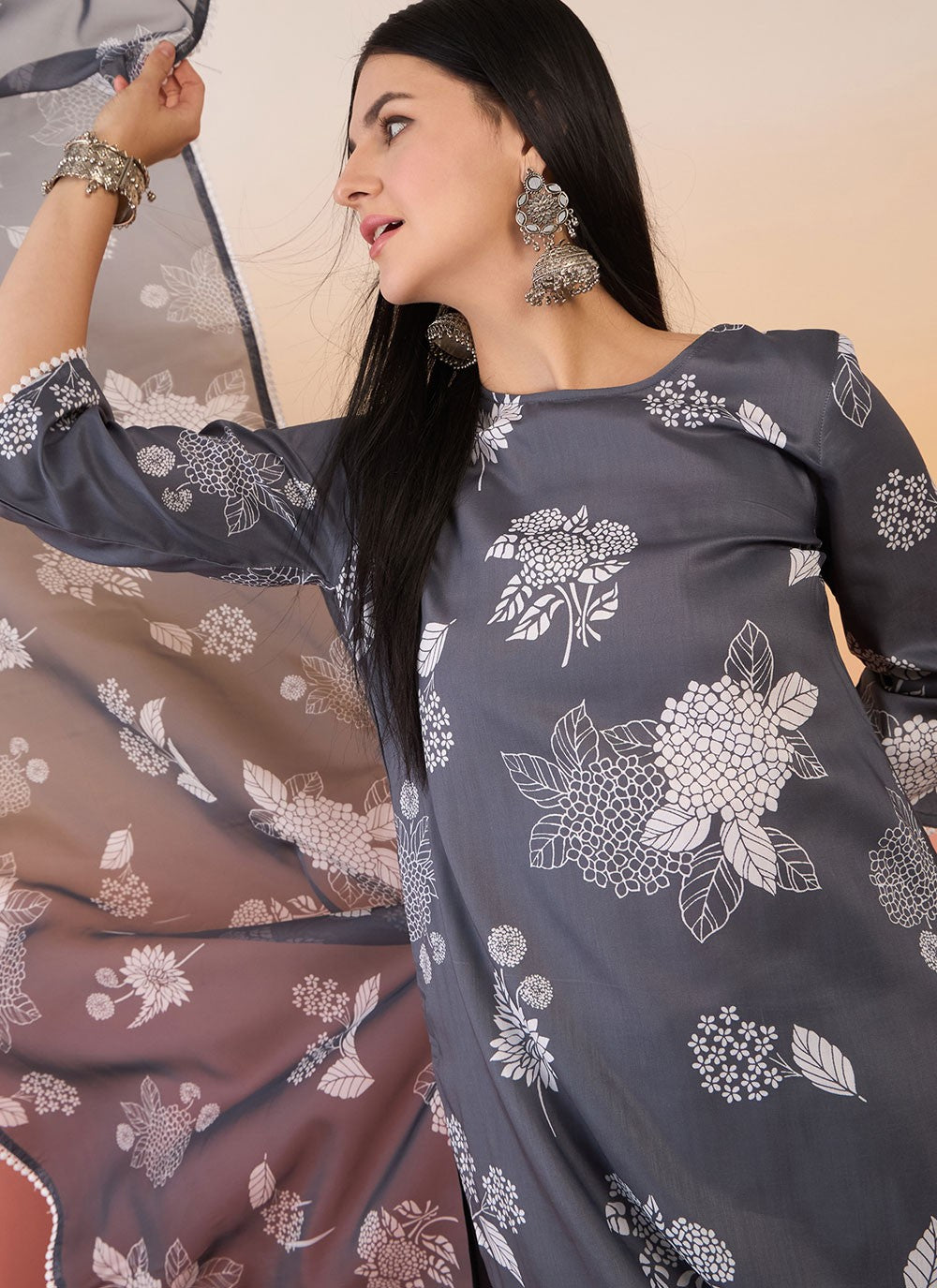 Salwar Suit Printed Grey Chinon T5835