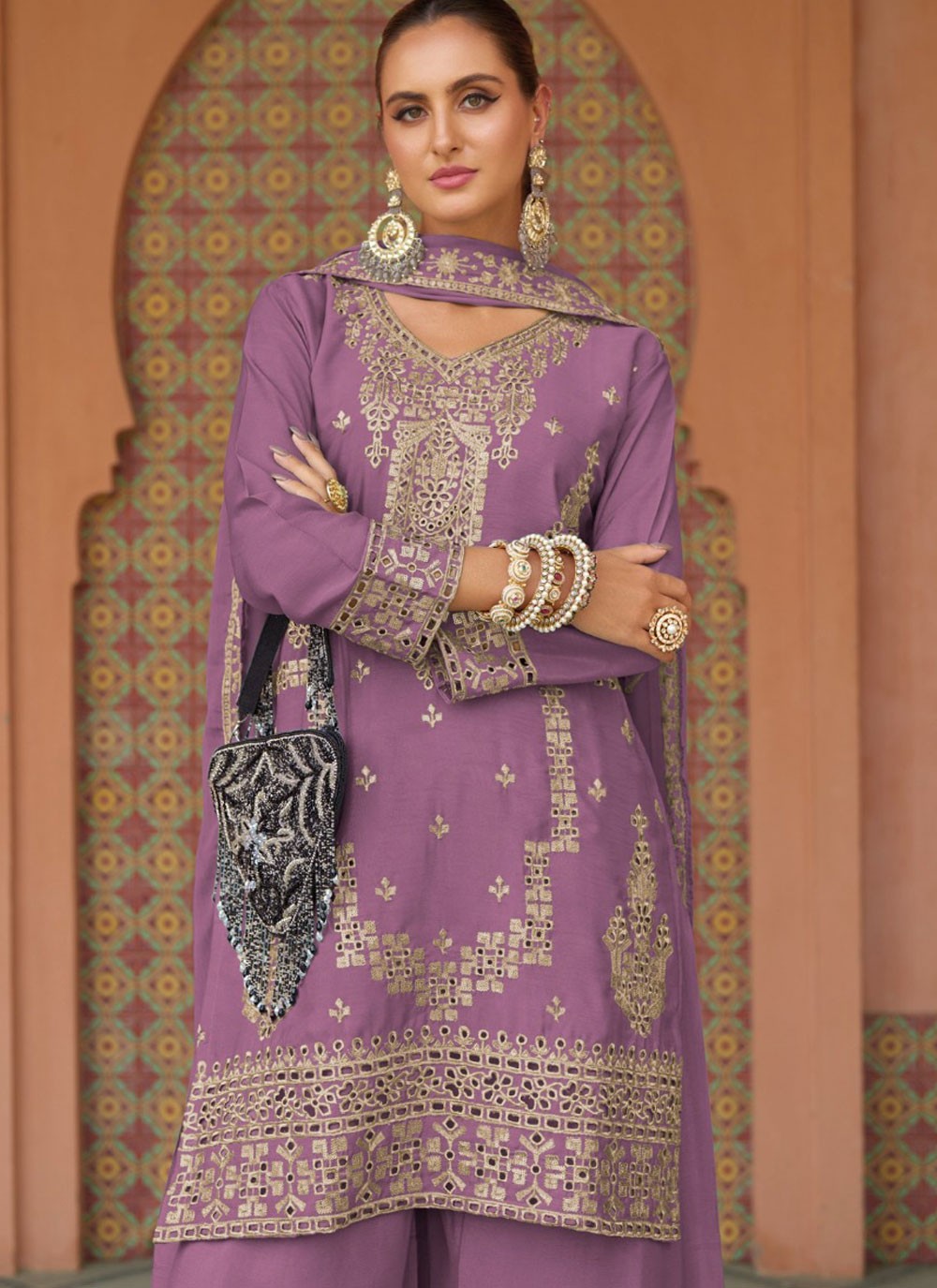 Palazzo Suit Embroidered, Zari Purple T6699