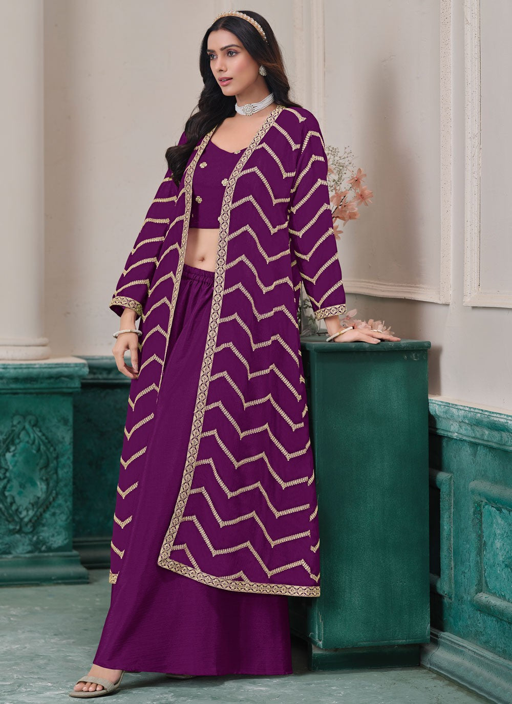 Palazzo Suit Embroidered, Zari Purple T7551