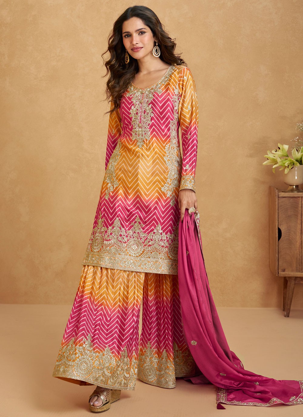 Embroidered Chinon Hot Pink Salwar Suit T5968