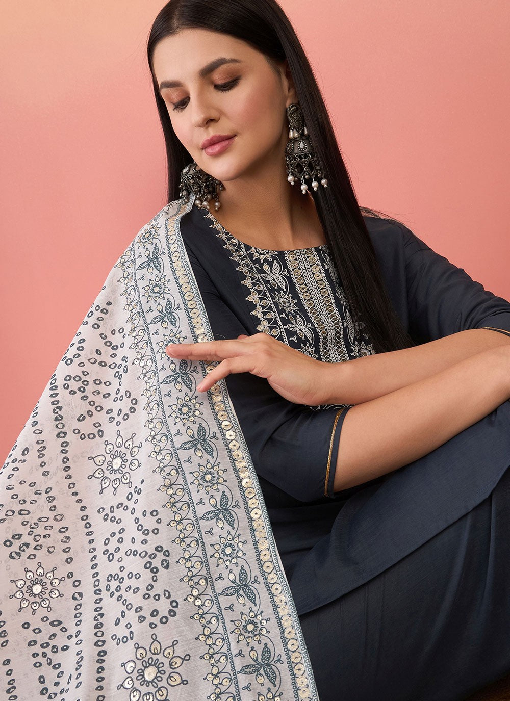 Salwar Suit Embroidered Navy Blue Chinon T5636