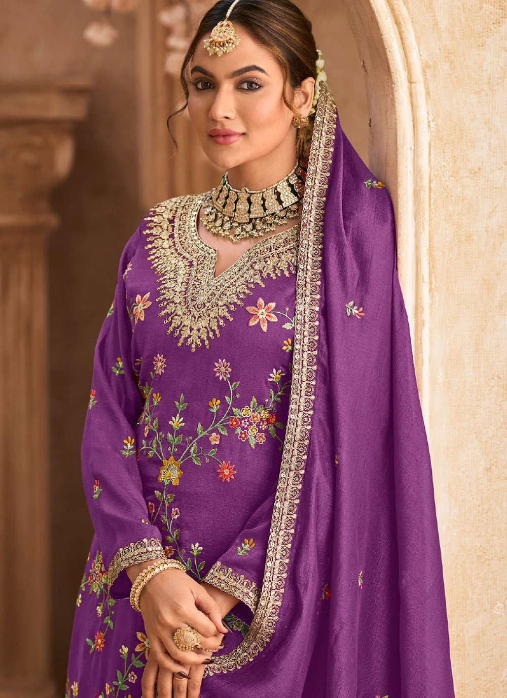 Salwar Suit Embroidered Purple Chinon T5491