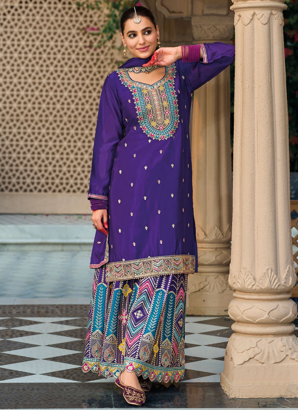 Salwar Suit Embroidered Blue Chinon T5267