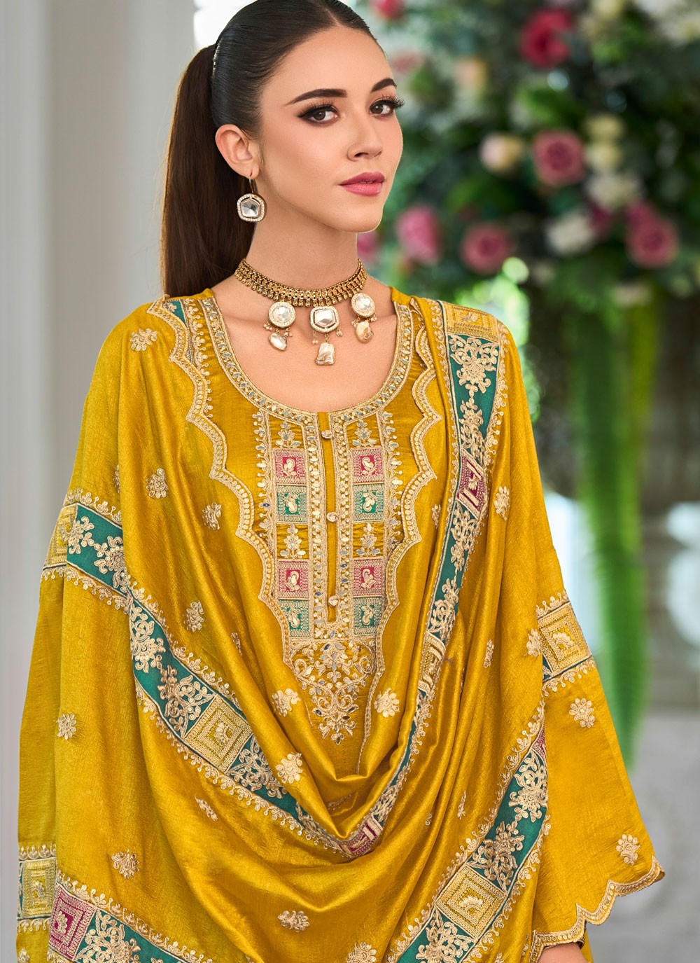 Pant Style Suit Embroidered, Resham, Zari Mustard T8466