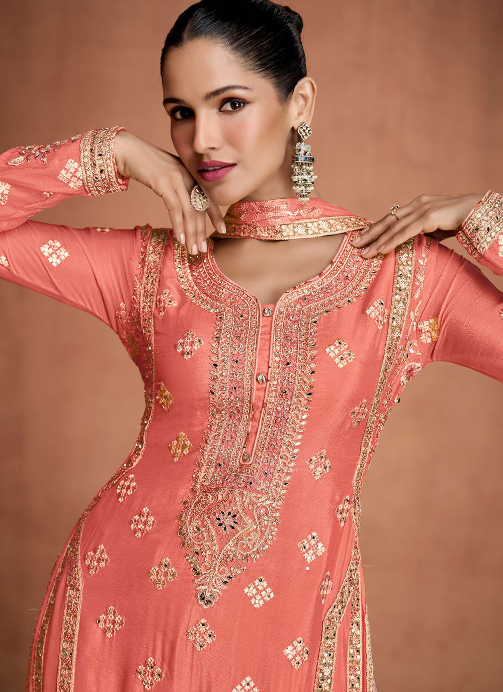 Palazzo Suit Embroidered, Mirror, Zari Peach T8270