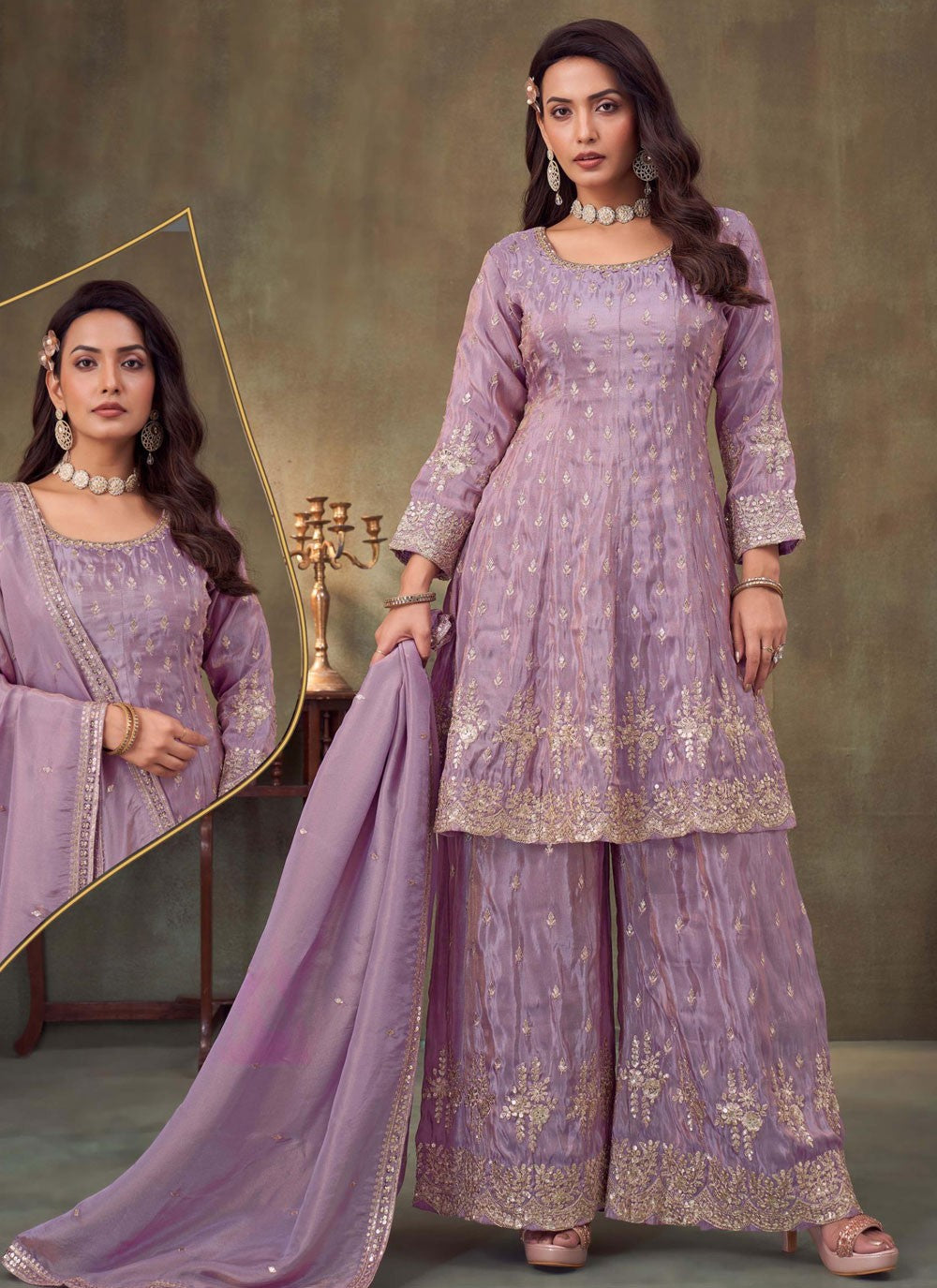 Palazzo Suit Embroidered, Sequins, Zari Lavender T7770