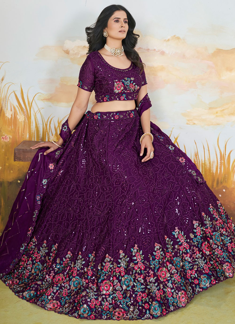 Floral Printed Chinon Purple Lehenga - L3300