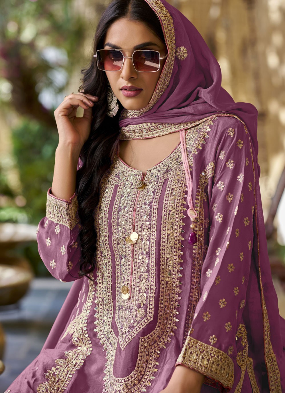 Palazzo Suit Embroidered, Mirror, Sequins, Zari Purple T6742