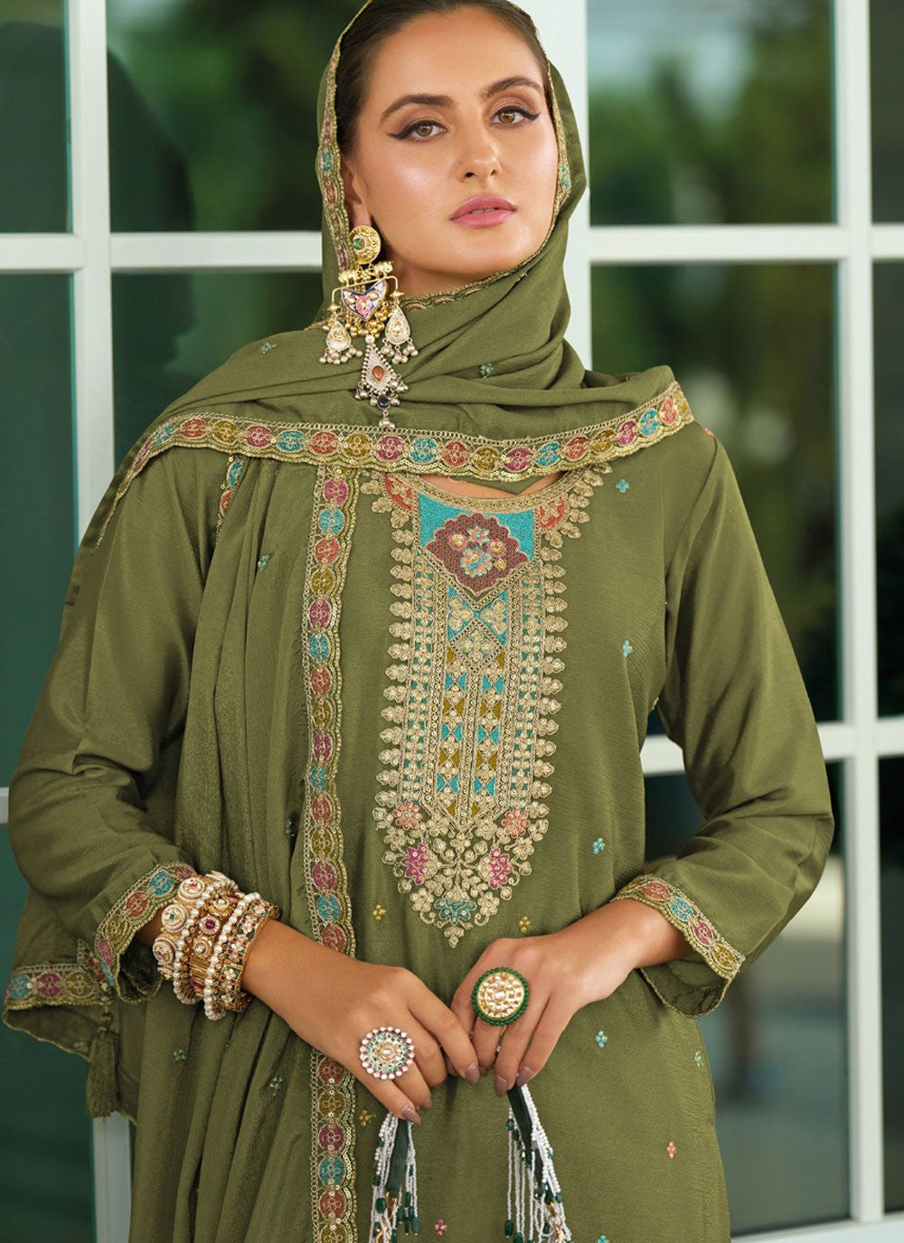 Palazzo Suit Embroidered, Sequins, Zari Green T6710