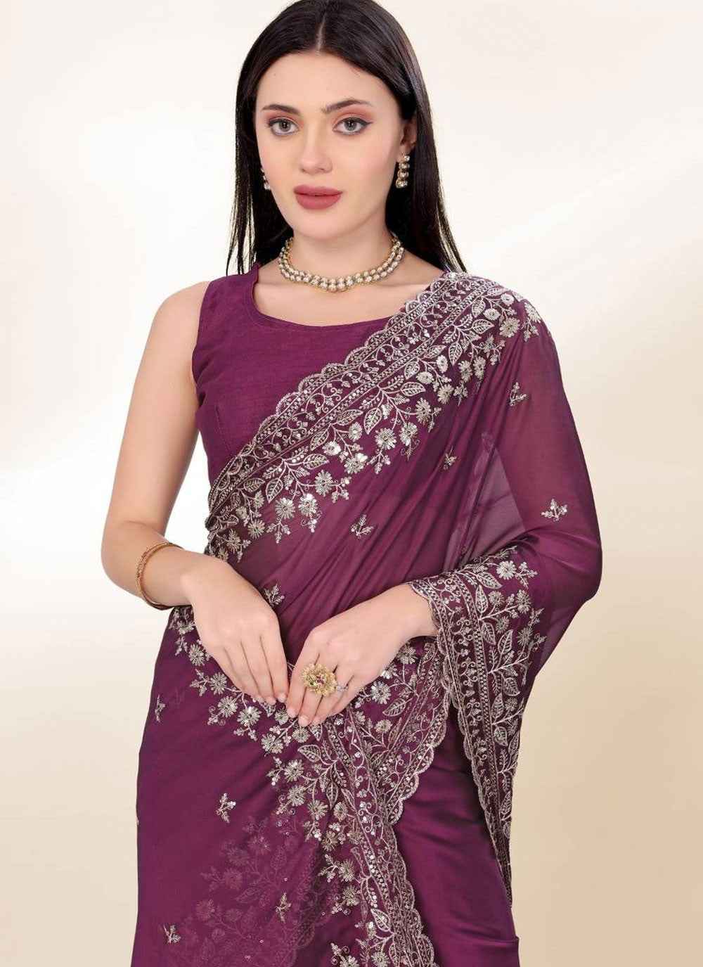 Traditional Embroidered Wine Chinon Saree S13674