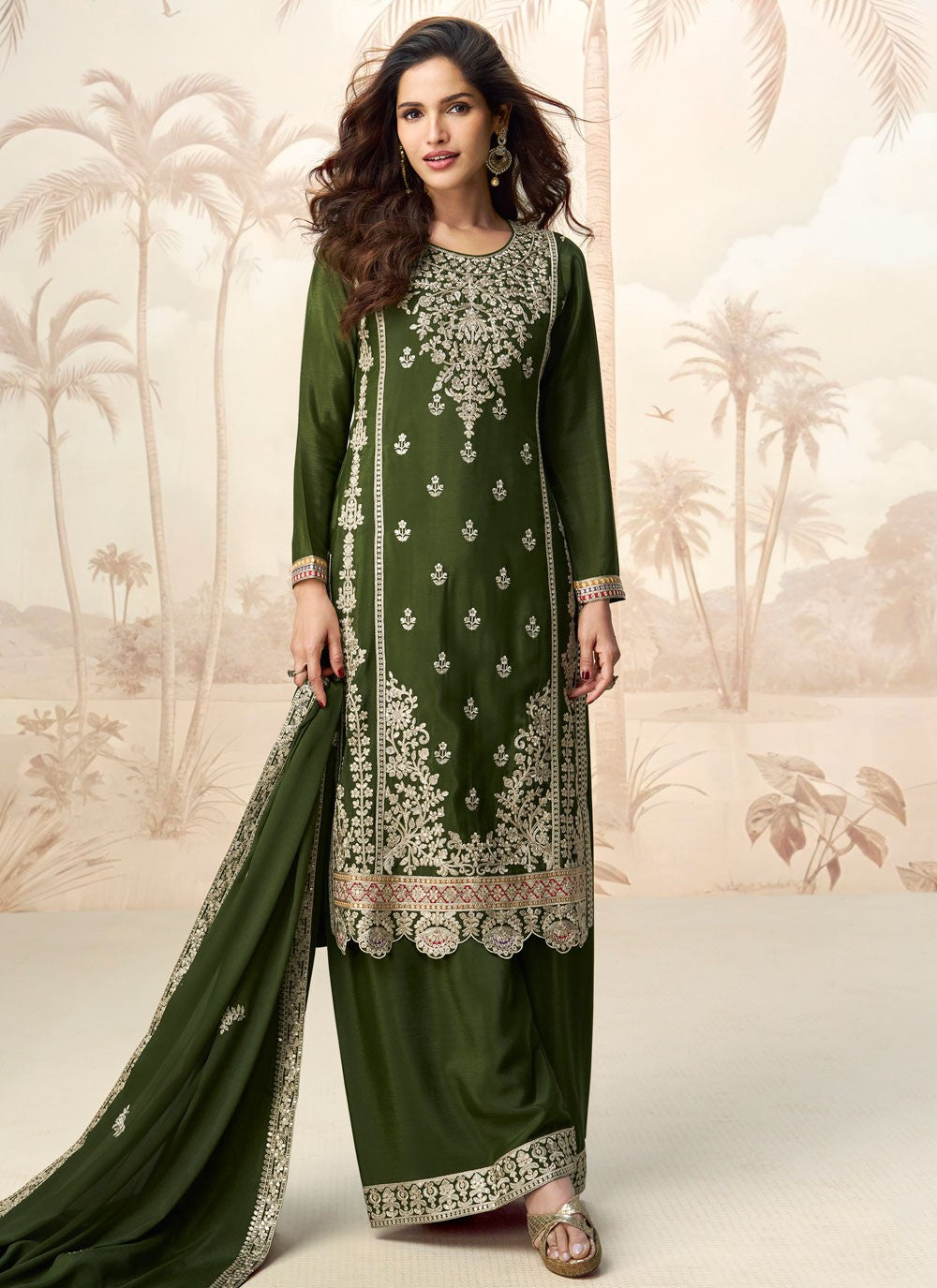 Palazzo Suit Embroidered, Sequins, Zari Green T7932