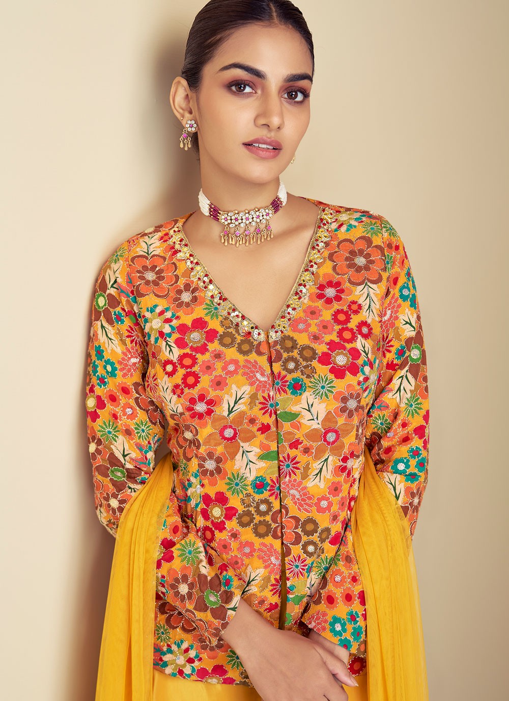 Salwar Suit Embroidered Yellow Chinon T5530
